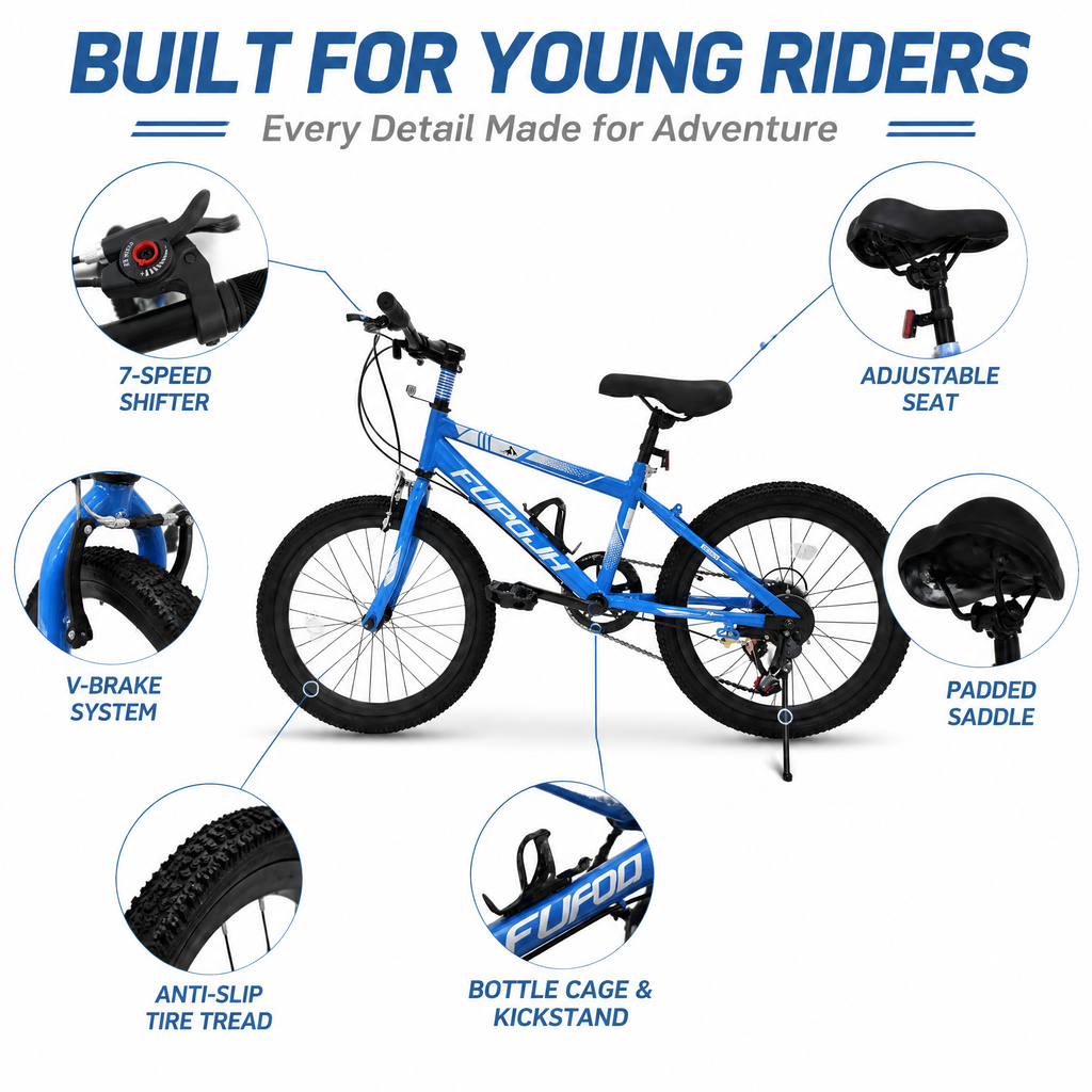FUPOJH 24" Bike 7-Speed V-Brake | Mountain Bike Anti-Slip Off-Road Tires | Bicycle for Kids Adjustable Seat All-Terrain Outdoor Riding