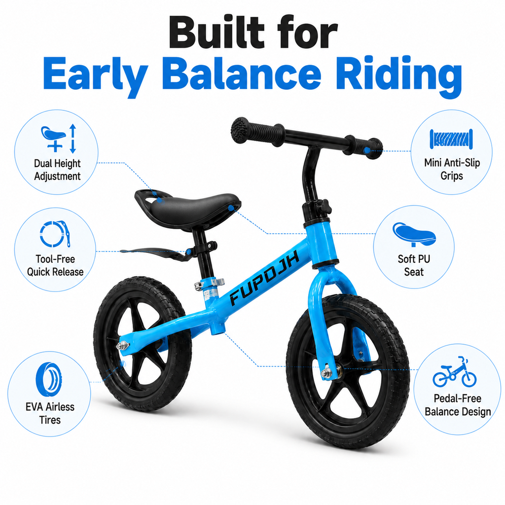 FUPOJH 12" Toddler Bike | Balance Bike | Adjustable Seat Handlebar Tool-Free | EVA Silent Tires | Kids Bike & Bikes Indoor Outdoor