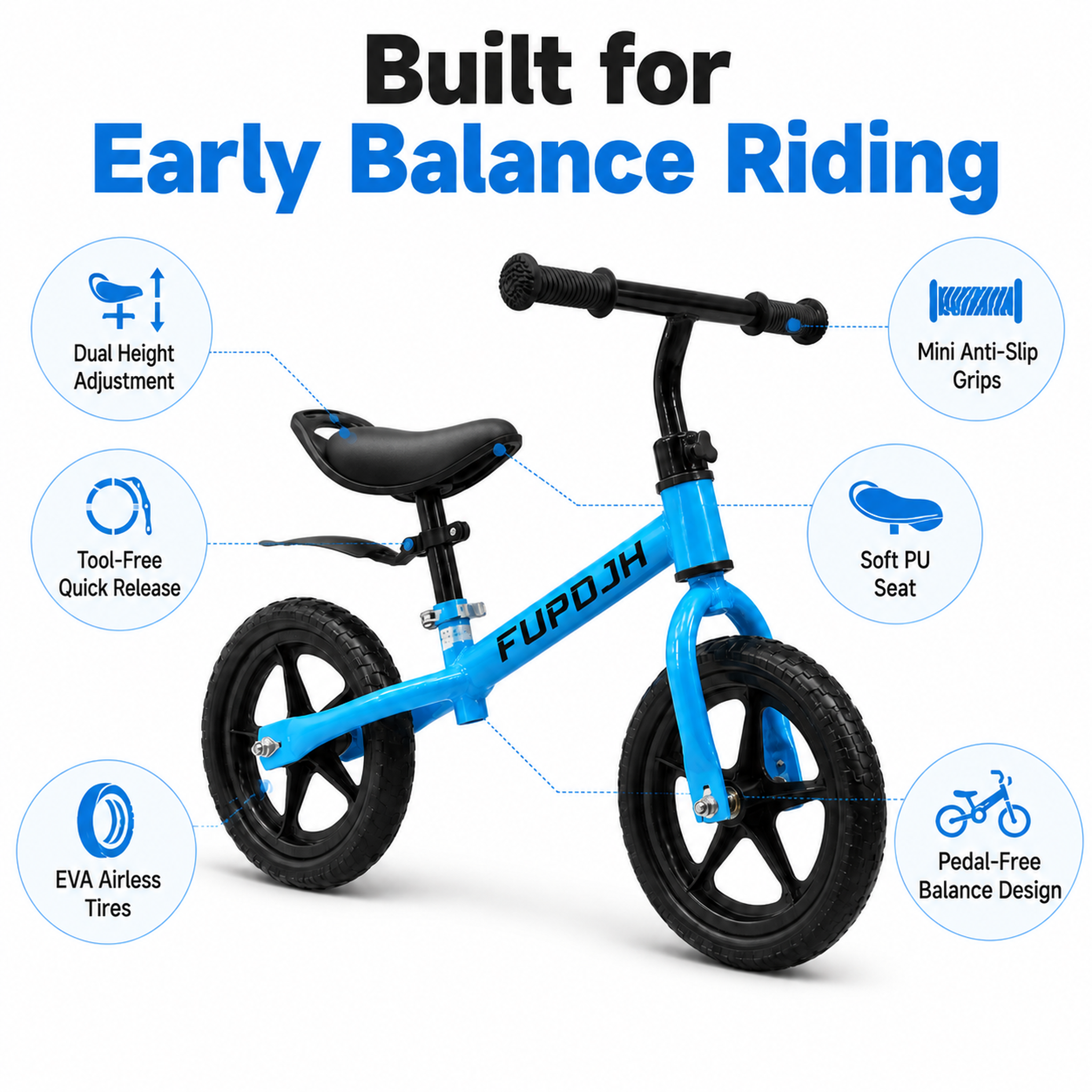 FUPOJH 12" Toddler Bike | Balance Bike | Adjustable Seat Handlebar Tool-Free | EVA Silent Tires | Kids Bike & Bikes Indoor Outdoor