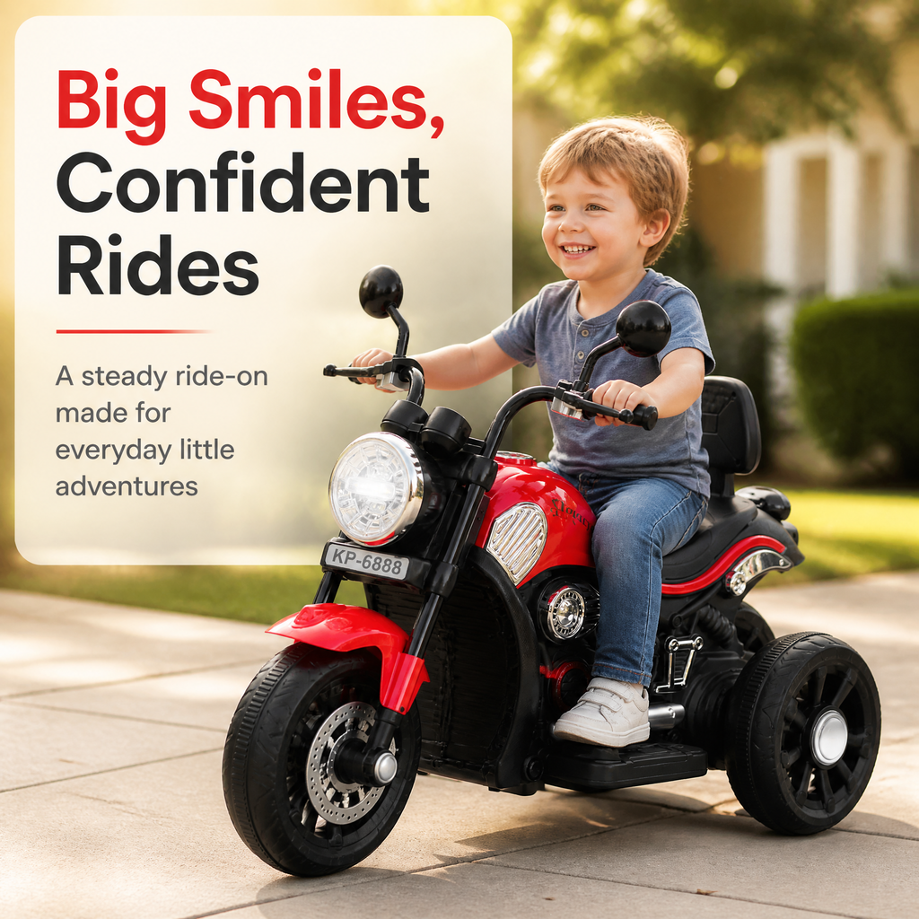 FUPOJH 12V Electric Motorcycle for Kids | 3-Wheel Anti-Tip Low Center Gravity | LED Headlights Horn Music Sound Effects | Pedal Control Outdoor Riding