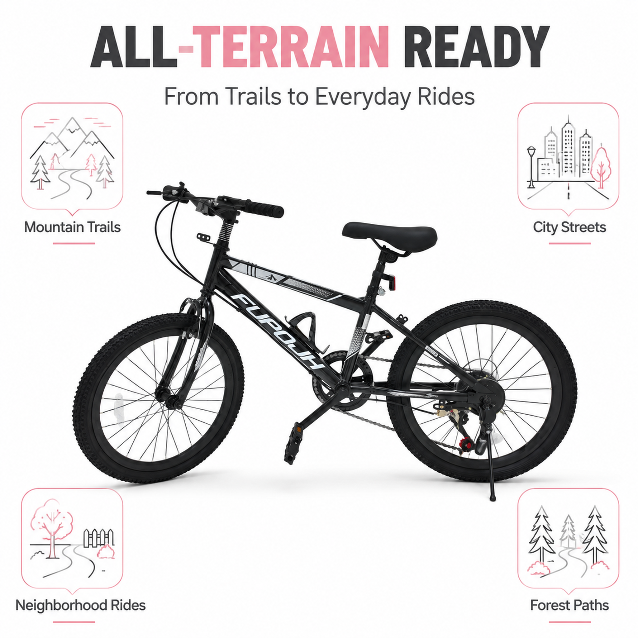 FUPOJH 20" Bike 7-Speed V-Brake | Mountain Bike 20 Inch Bike Anti-Slip Off-Road Tires | Bicycle for teenagers and adults Adjustable Seat All-Terrain Outdoor Riding