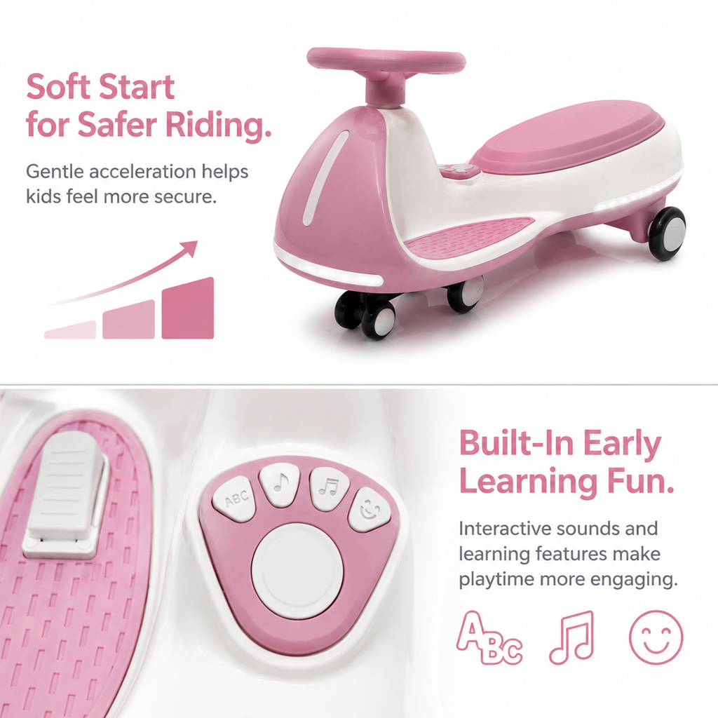 FUPOJH Electric Twist Car 12V for Kids | Dual Mode Electric + Manual Ride | Bluetooth Music Built-In Speaker LED Light Wheels | Soft Start Outdoor
