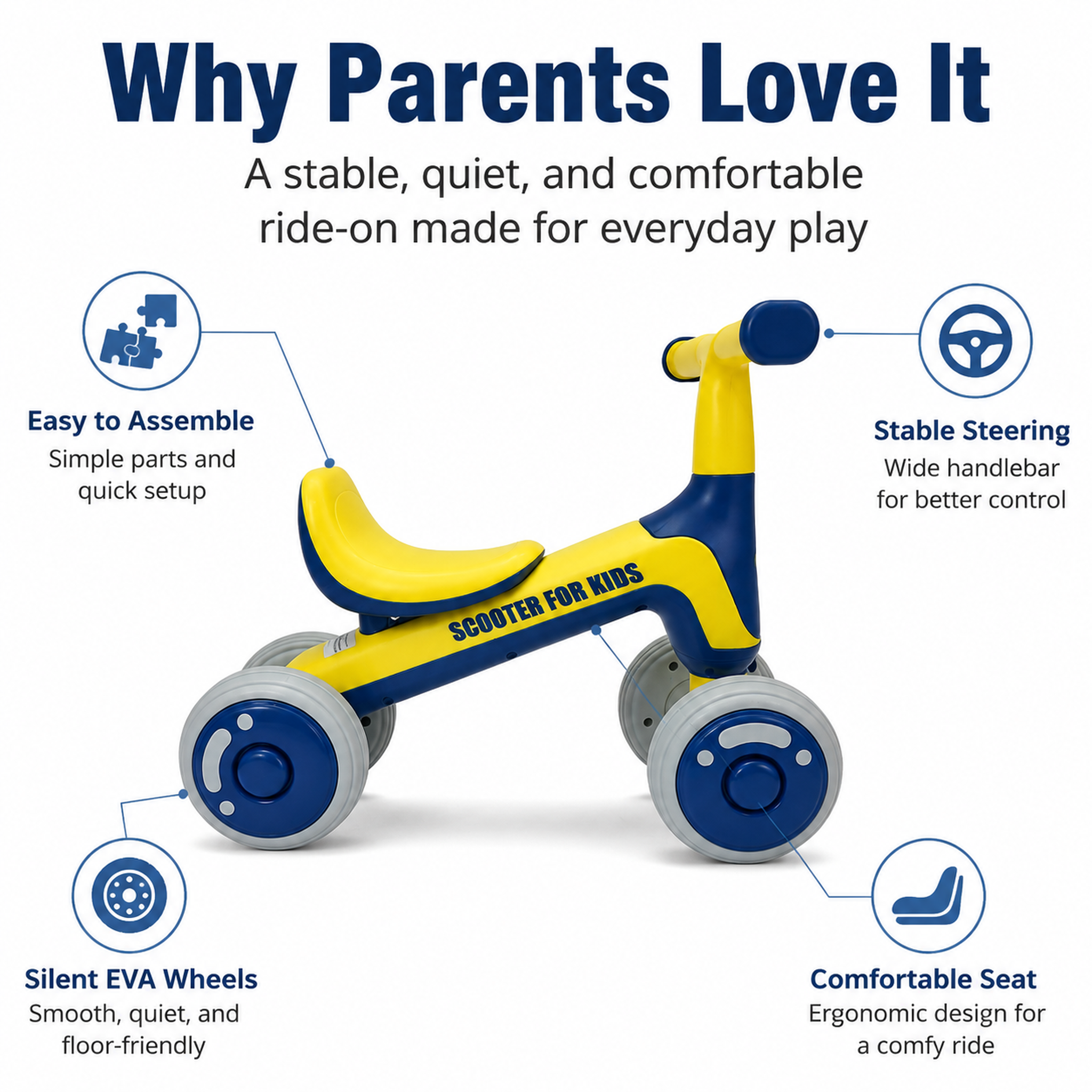 FUPOJH 4-Wheel Toddler Balance Bike Ultra-Light Portable PP | 135° Anti-Tip Steering Limit | Silent EVA Tires | PU+EVA Comfort Seat Indoor Outdoor