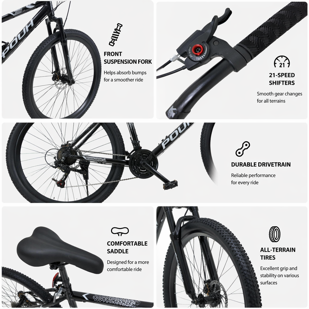 FUPOJH 24" Mountain Bike for Adults,7-Speed,V-Brakes,Off-Road Tires,Adjustable Seat