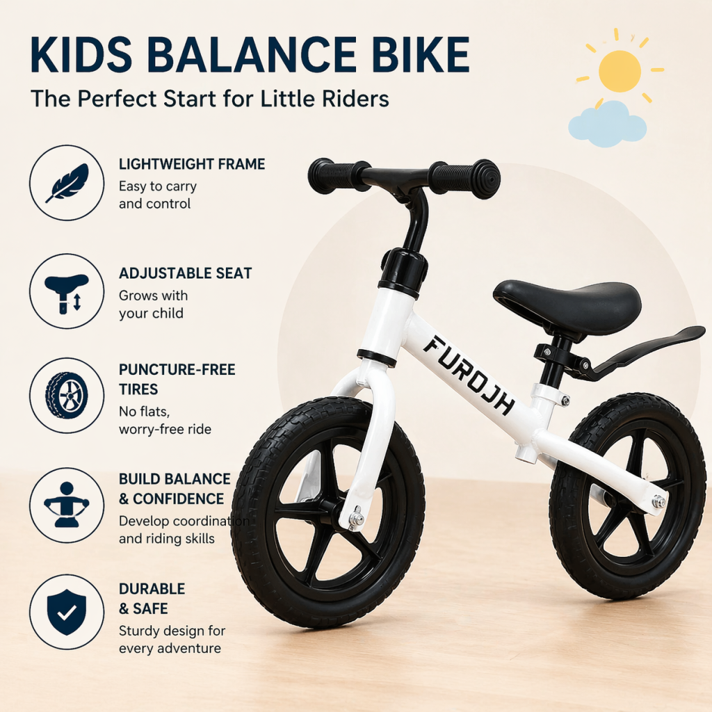 FUPOJH 12" Kids Balance Bike, Adjustable, EVA Silent Tires, Toddlers Ages 2-5