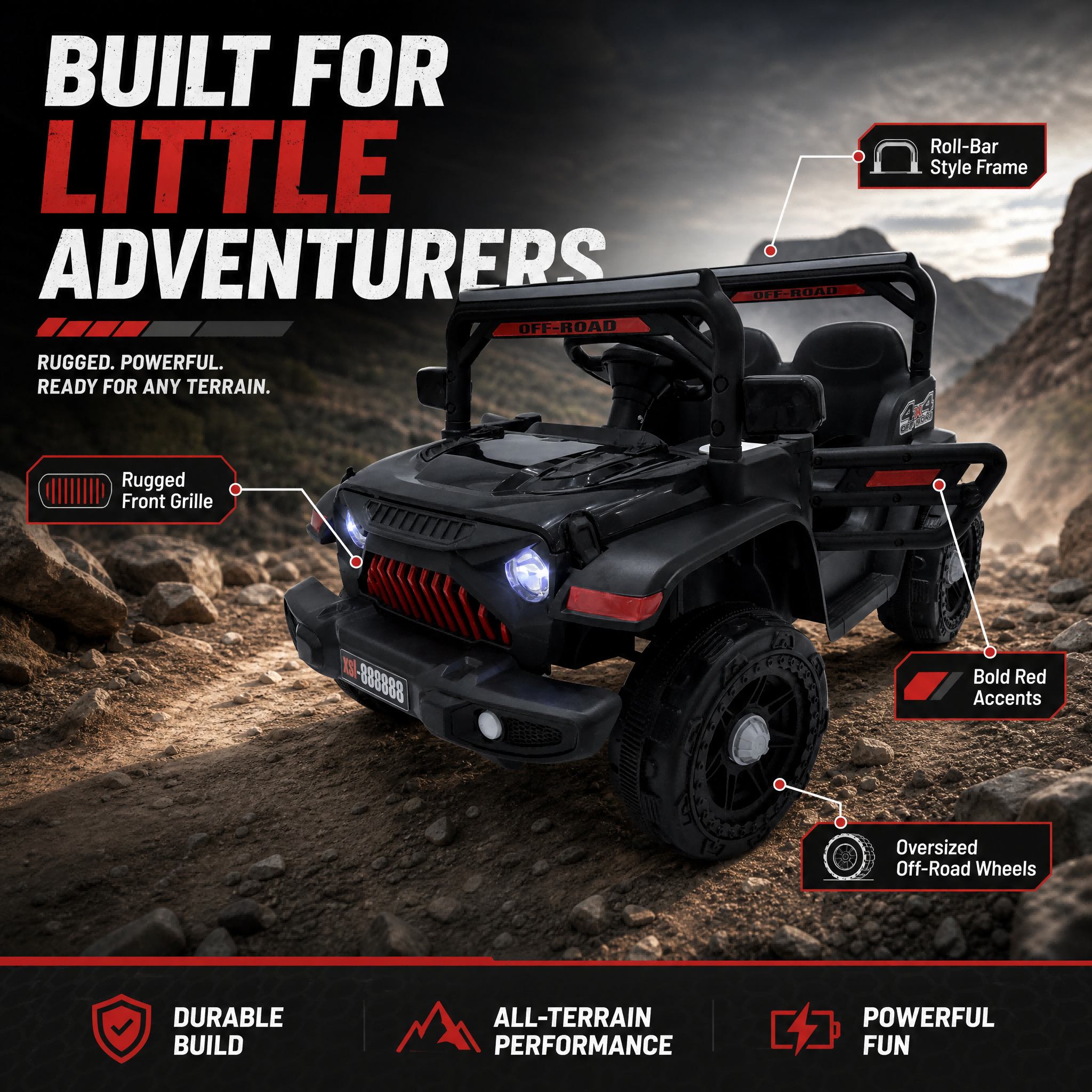 FUPOJH 12V Kids' Electric Jeep with Remote Control, LED Lights, and Music, Ride-On Car