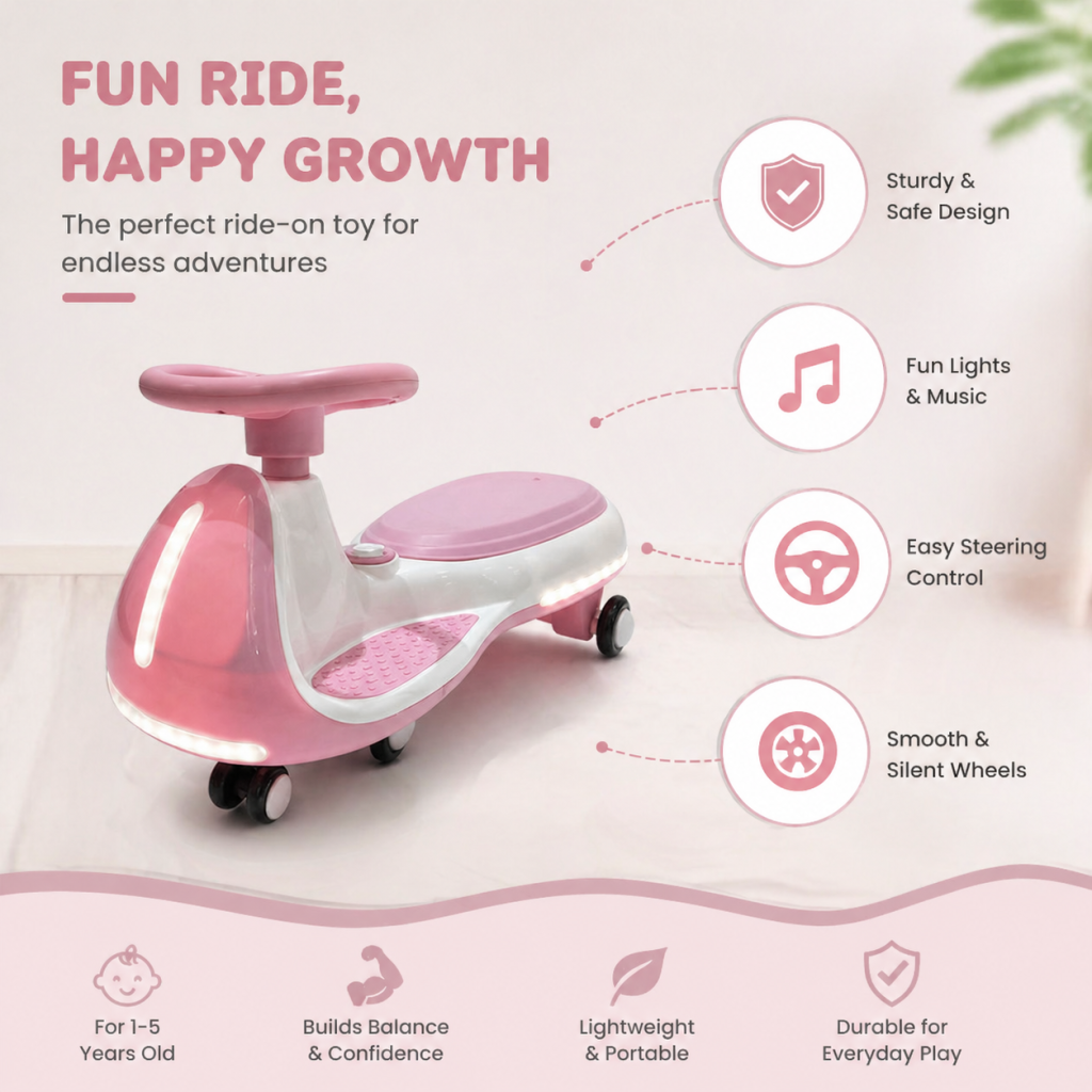 FUPOJH 12V Electric Wiggle Car, 2-in-1 Kids Ride-On Toy with Bluetooth Music, LED Wheels, 150 lbs Capacity for Ages 3+