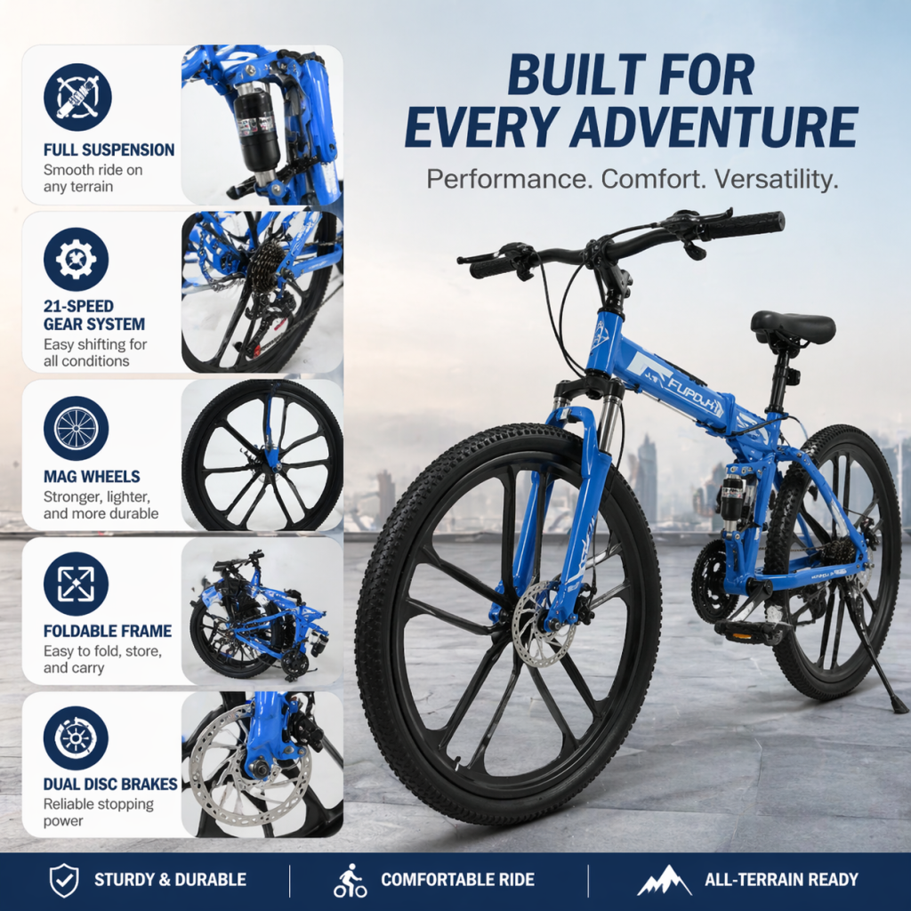 FUPOJH 26" Foldable Mountain Bike for Men & Women,21-Speed,Dual Disc Brakes,Dual Suspension