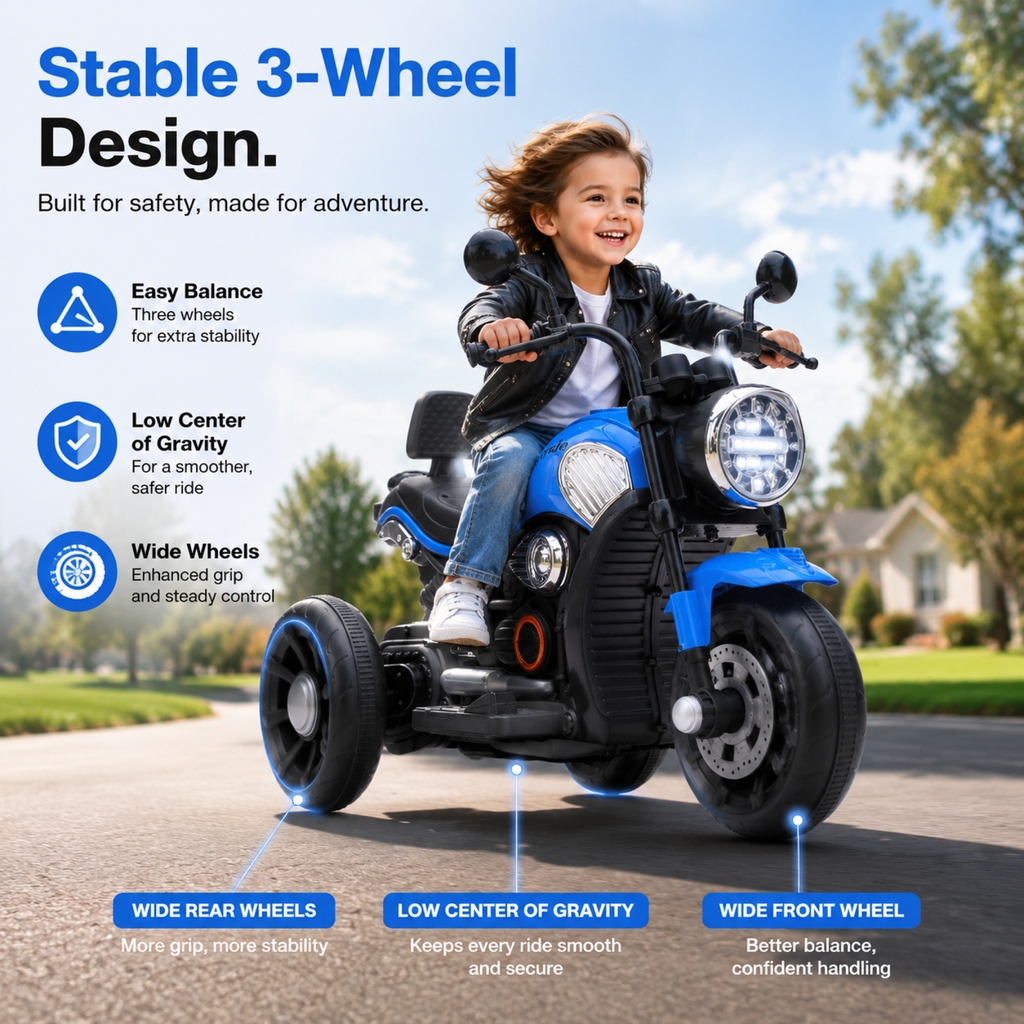 FUPOJH 6V 3 Wheel Kids Electric Motorcycle,Battery-Powered Ride-On Toy with LED Lights,Sound System