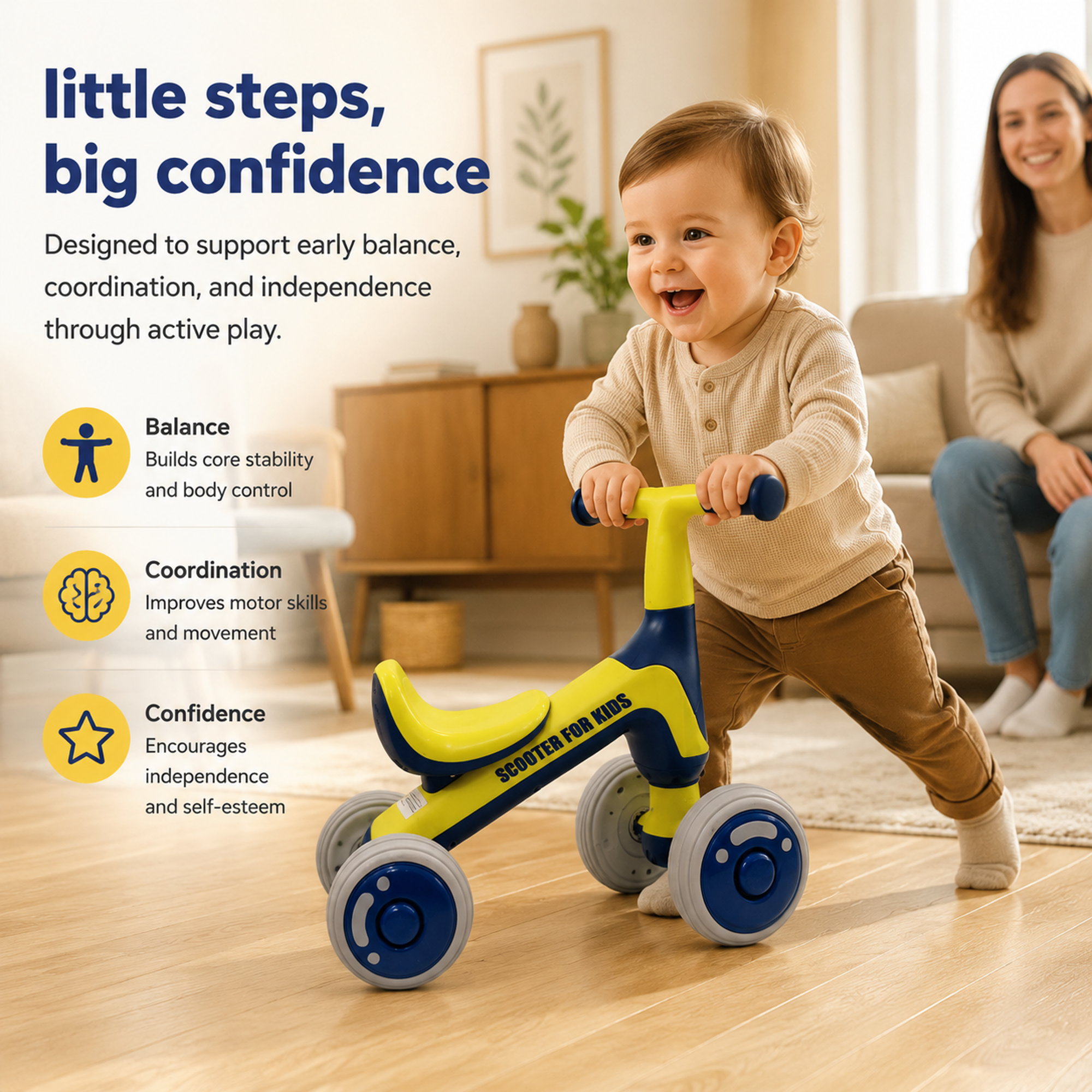 FUPOJH 4-Wheel Baby Balance Bike, Silent EVA Tires, 135° Anti-Tip, Indoor/Outdoor