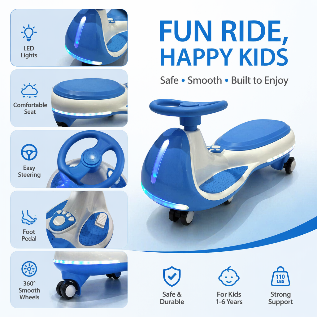 FUPOJH 12V Electric Wiggle Car, 2-in-1 Kids Ride-On Toy with Bluetooth Music, LED Wheels, 150 lbs Capacity for Ages 3+