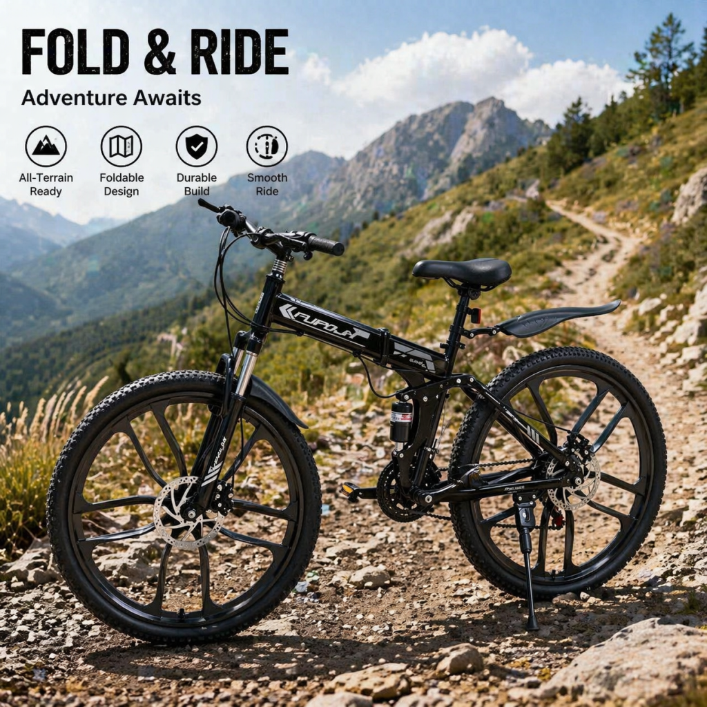 FUPOJH 26" Foldable Mountain Bike for Men & Women,21-Speed,Dual Disc Brakes,Dual Suspension