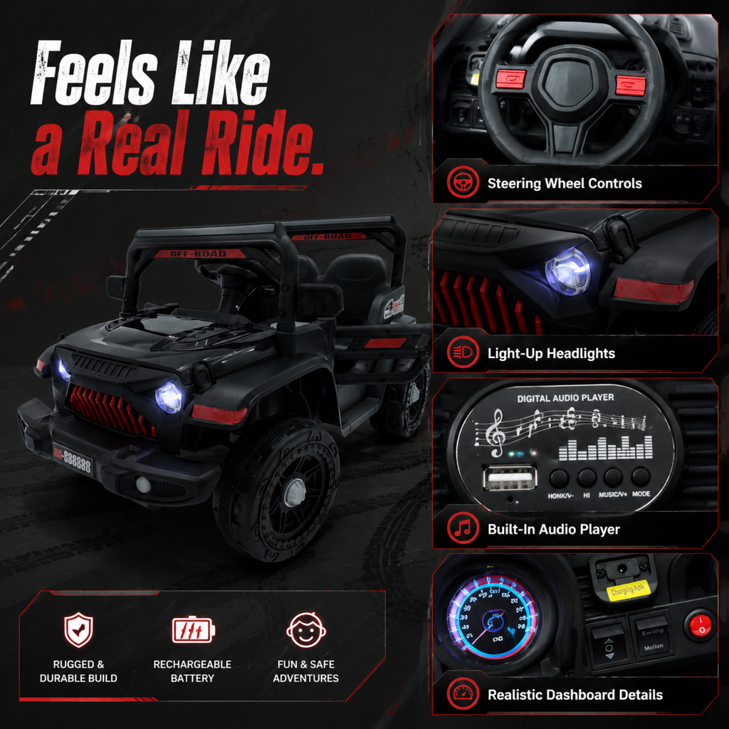 FUPOJH 12V Kids' Electric Jeep with Remote Control, LED Lights, and Music, Ride-On Car