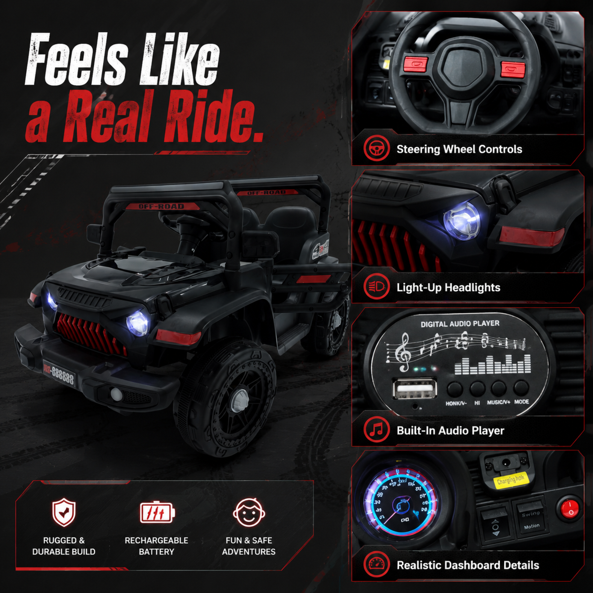 FUPOJH 12V Kids' Electric Jeep with Remote Control, LED Lights, and Music, Ride-On Car