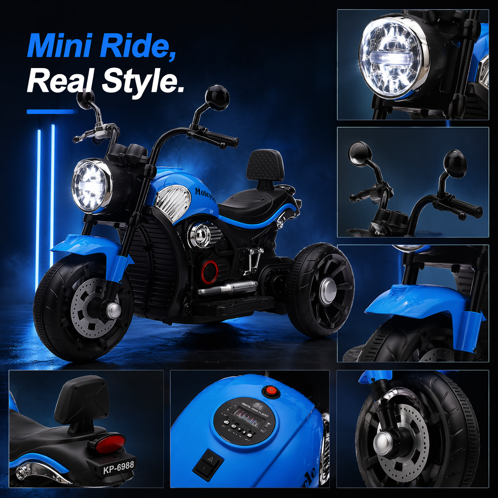 FUPOJH 6V 3 Wheel Kids Electric Motorcycle,Battery-Powered Ride-On Toy with LED Lights,Sound System