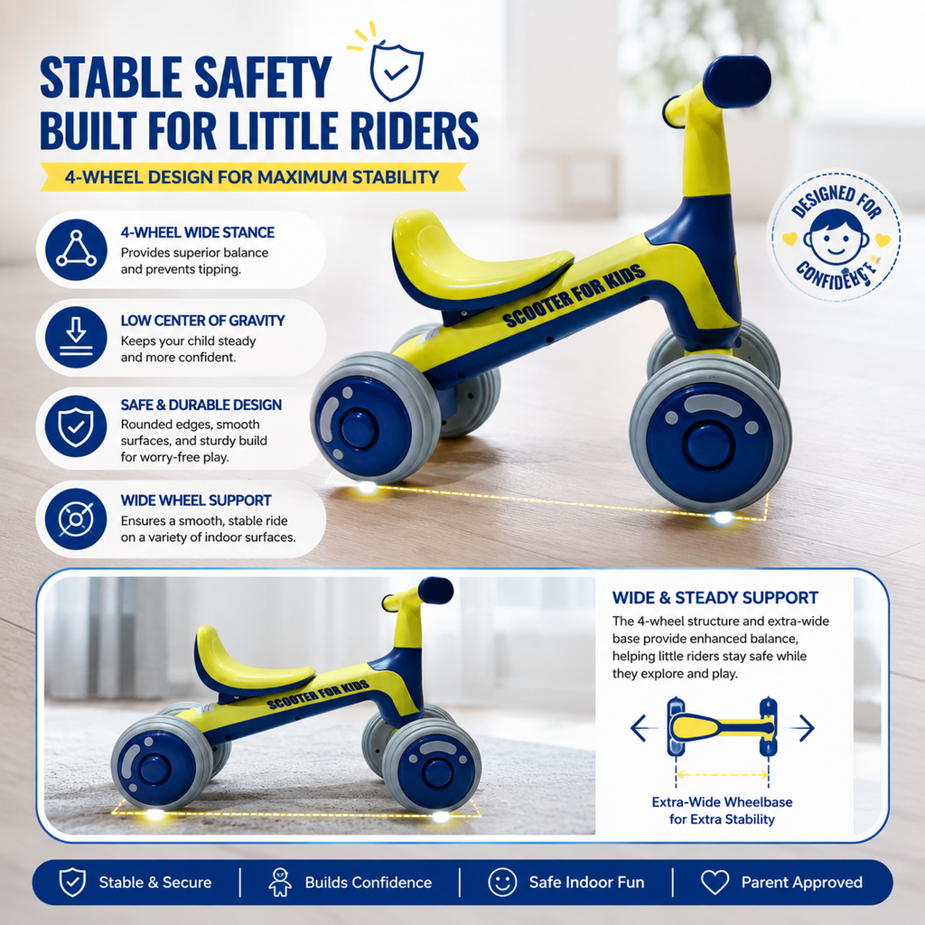 FUPOJH 4-Wheel Baby Balance Bike, Silent EVA Tires, 135° Anti-Tip, Indoor/Outdoor