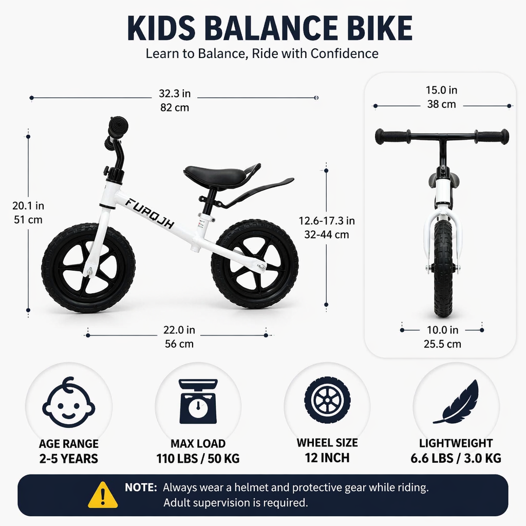FUPOJH 12" Kids Balance Bike, Adjustable, EVA Silent Tires, Toddlers Ages 2-5