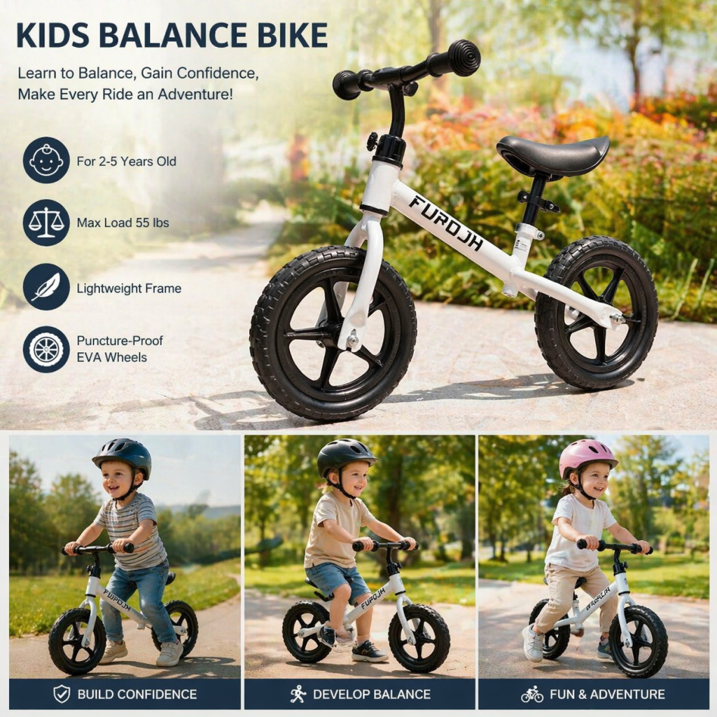 FUPOJH 12" Kids Balance Bike, Adjustable, EVA Silent Tires, Toddlers Ages 2-5