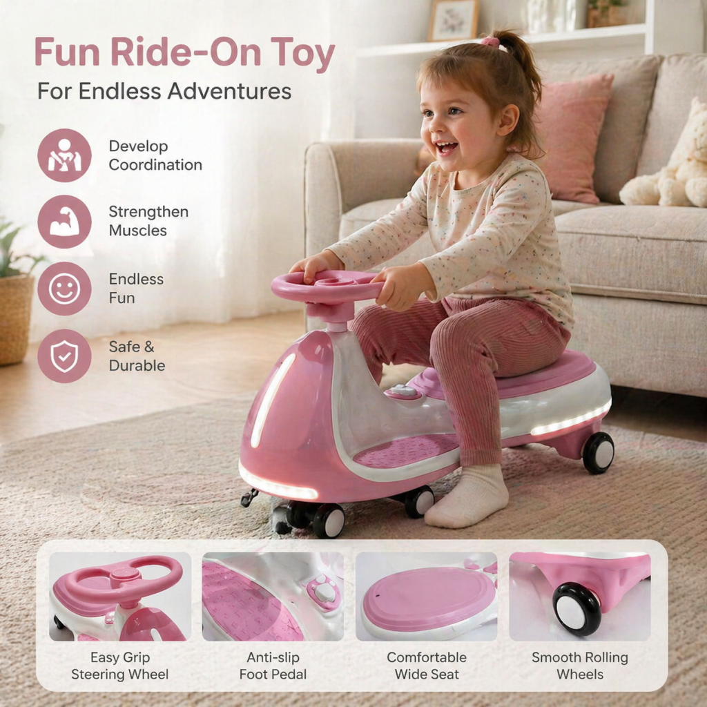 FUPOJH 12V Electric Wiggle Car, 2-in-1 Kids Ride-On Toy with Bluetooth Music, LED Wheels, 150 lbs Capacity for Ages 3+
