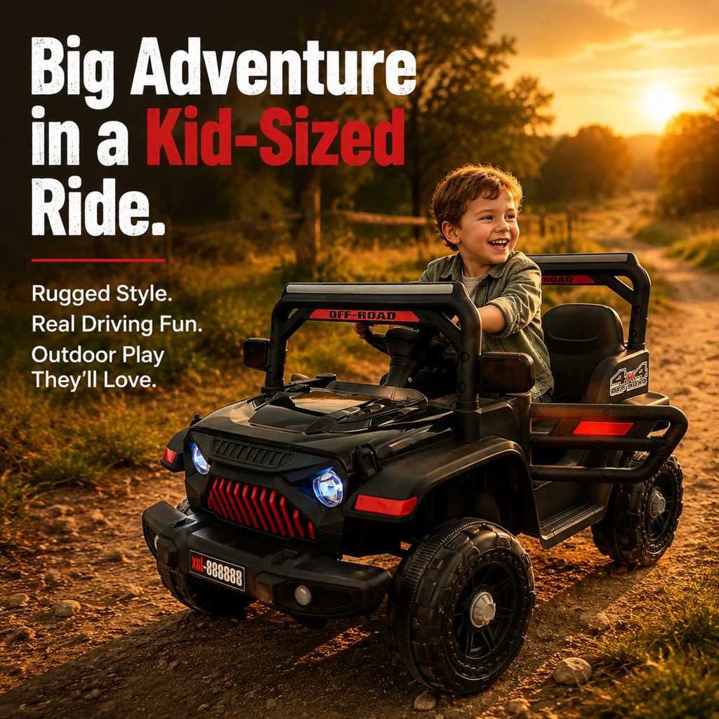 FUPOJH 12V Kids' Electric Jeep with Remote Control, LED Lights, and Music, Ride-On Car