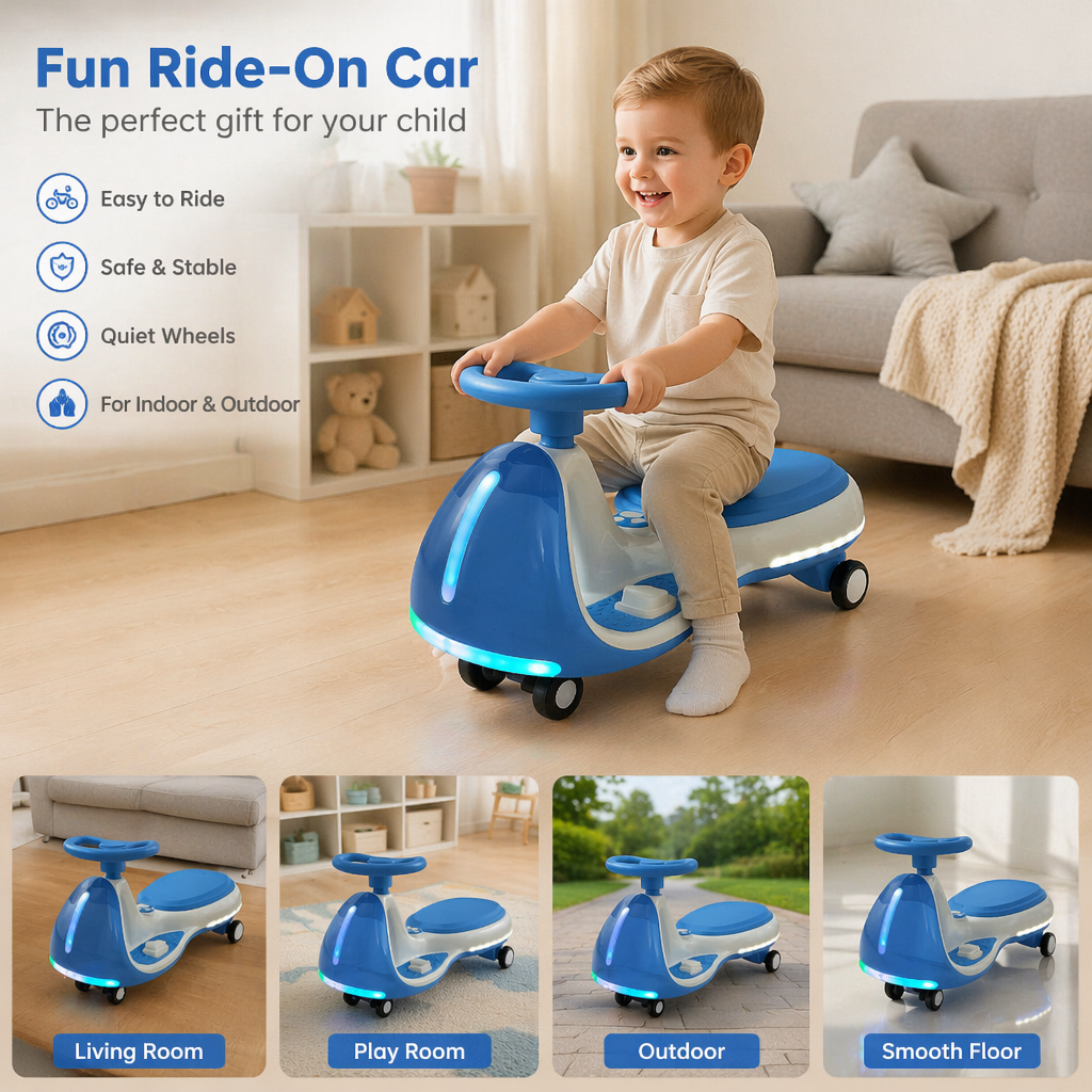 FUPOJH 12V Electric Wiggle Car, 2-in-1 Kids Ride-On Toy with Bluetooth Music, LED Wheels, 150 lbs Capacity for Ages 3+