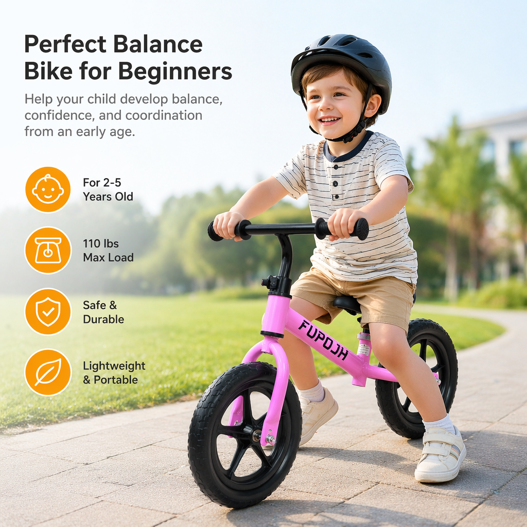 FUPOJH 12" Kids Balance Bike, No Pedal, Light-Up Wheels, Adjustable, for Toddlers 2-5