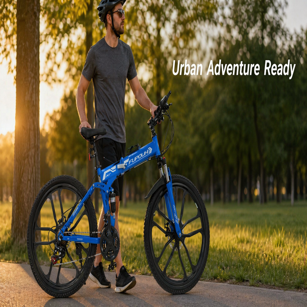 FUPOJH 26" Foldable Mountain Bike for Men & Women,21-Speed,Dual Disc Brakes,Dual Suspension