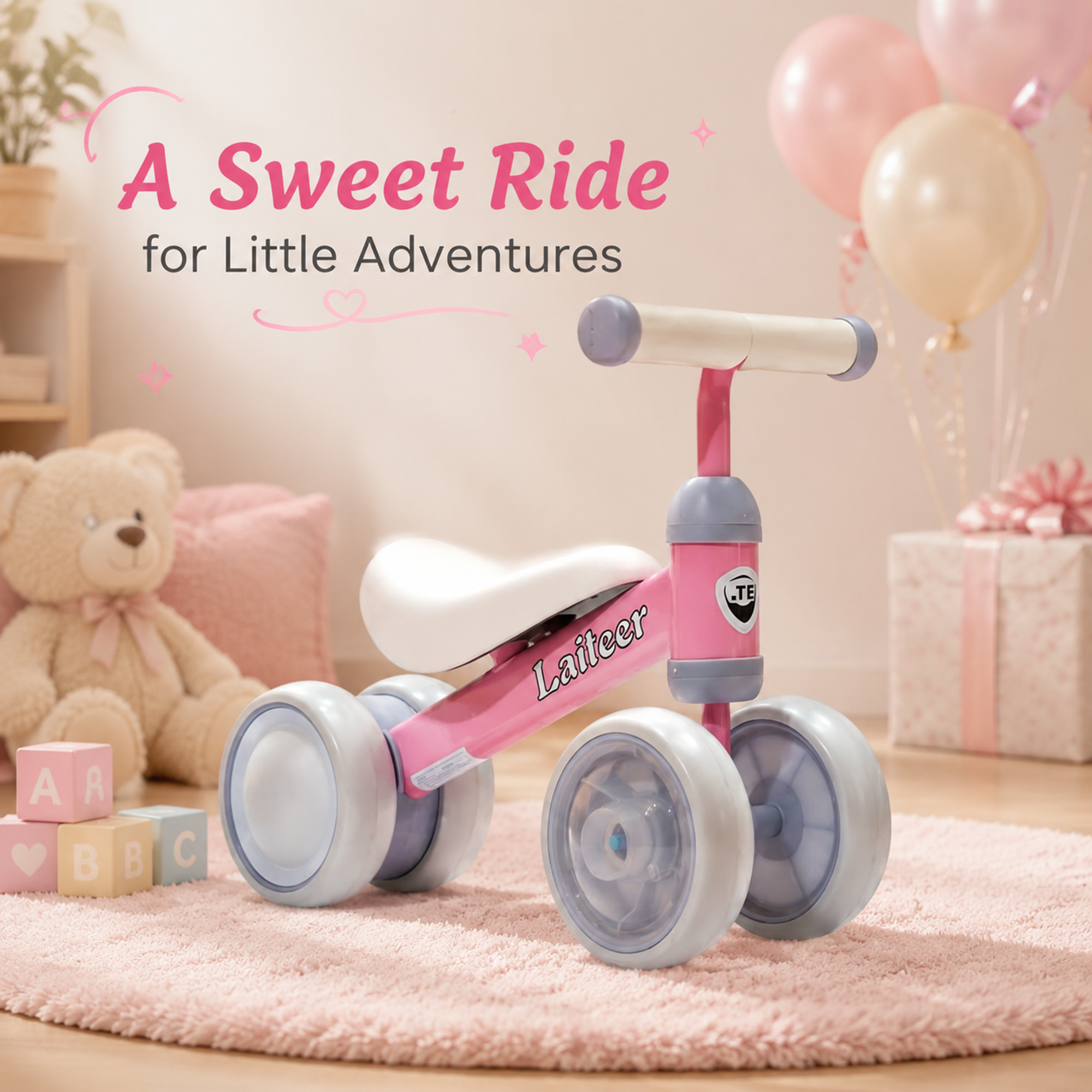 FUPOJH 4-Wheel Baby Balance Bike, Light-Up Wheels, Silent Tires, Indoor Riding Toy, Ages 1-3