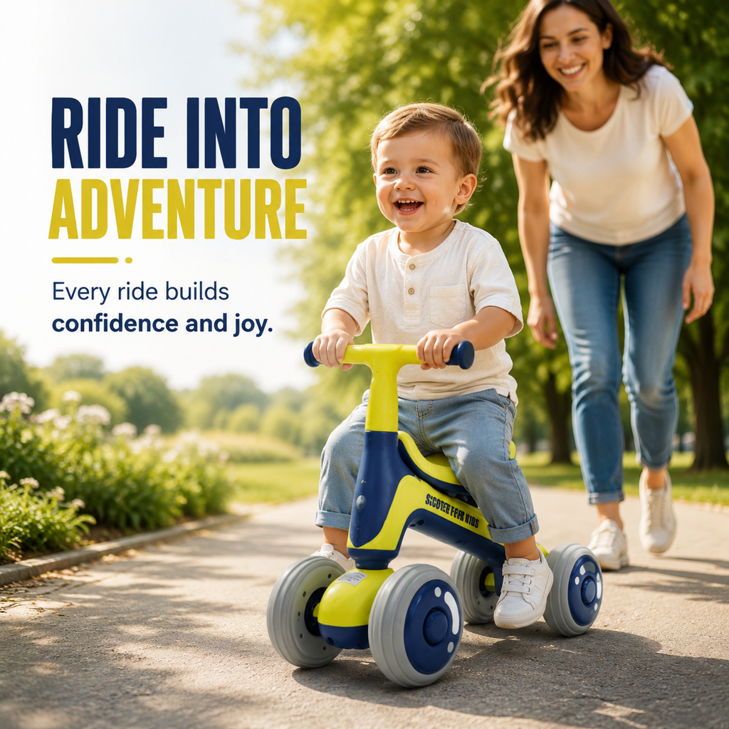 FUPOJH 4-Wheel Baby Balance Bike, Silent EVA Tires, 135° Anti-Tip, Indoor/Outdoor